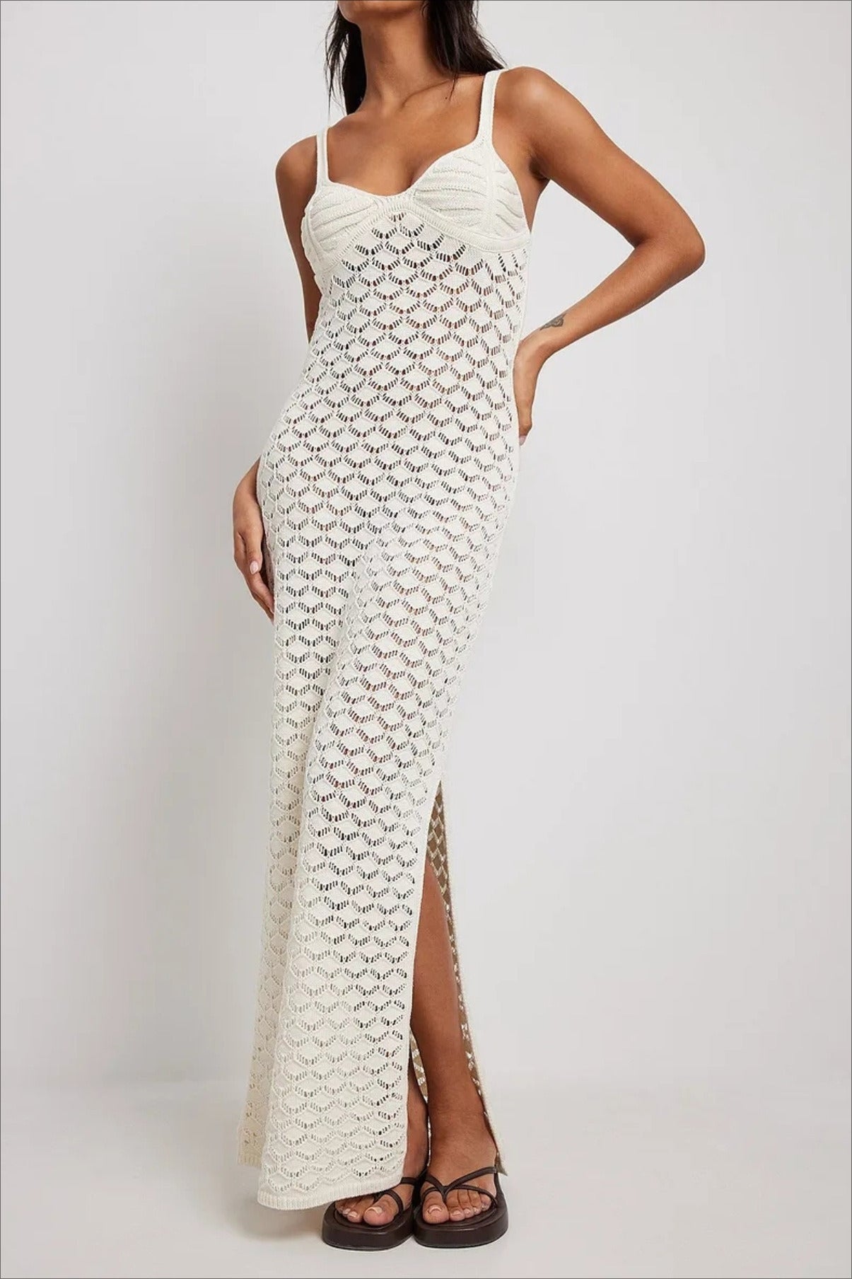 Pointelle Crochet Knit Sweetheart Spaghetti Strap Side Slit Maxi Dress