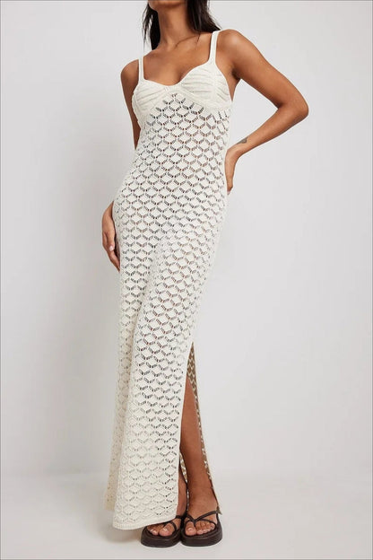 Pointelle Crochet Knit Sweetheart Spaghetti Strap Side Slit Maxi Dress