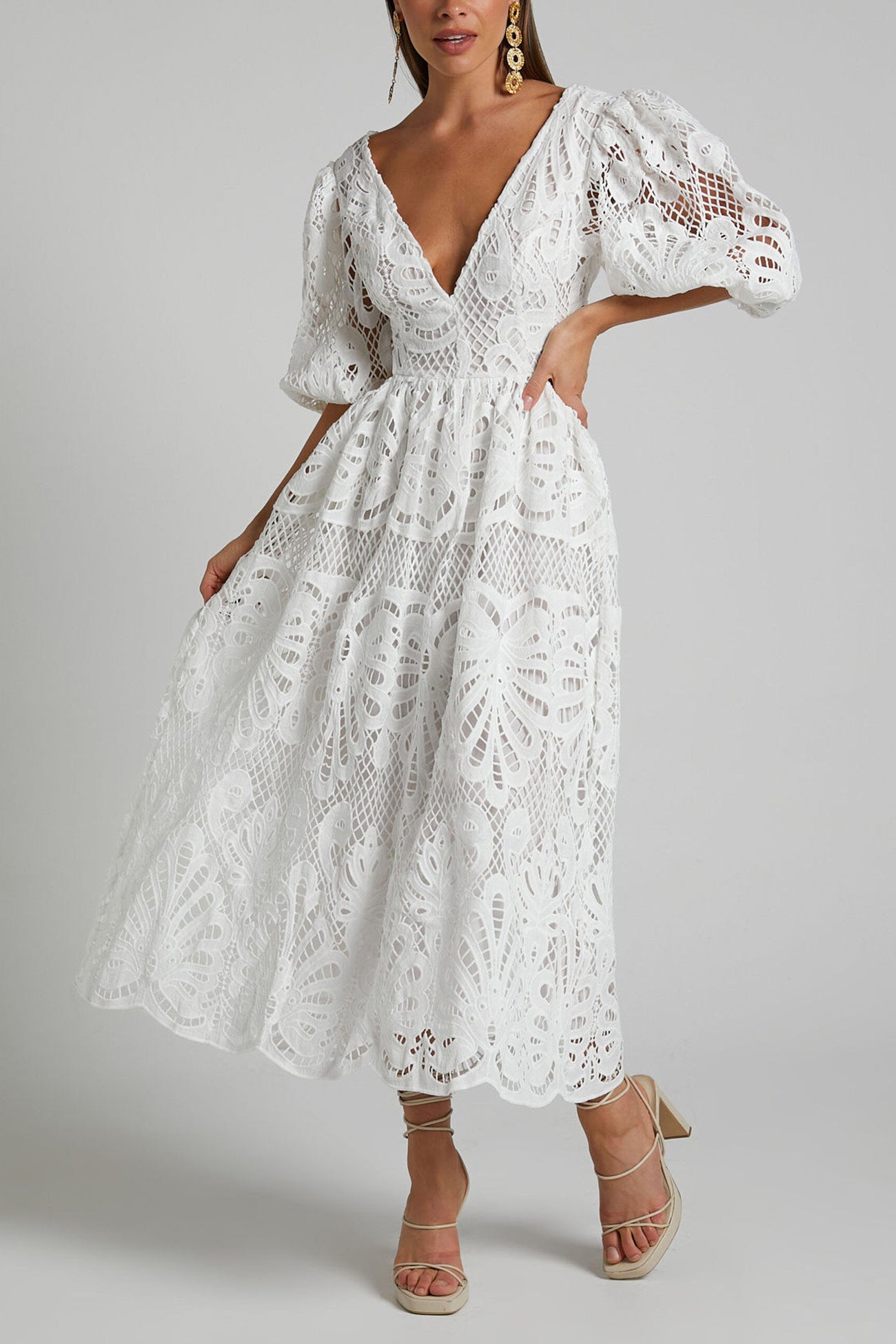 V-neck Lace Embroidery Hollow Waist Dress