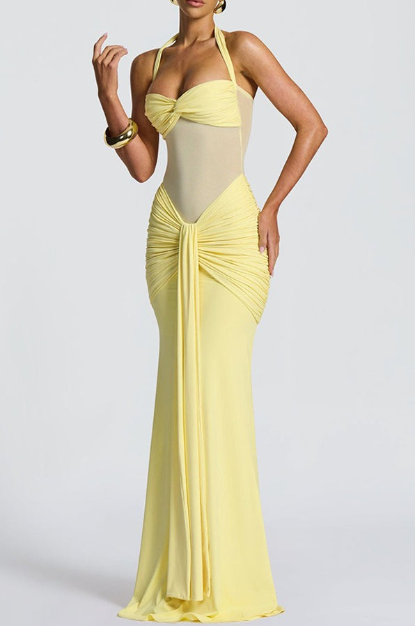 Halter Sweetheart Ruched Mesh Panel Cutout Front Drape Maxi Dress