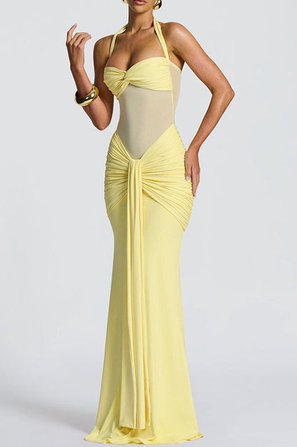 Halter Sweetheart Ruched Mesh Panel Cutout Front Drape Maxi Dress