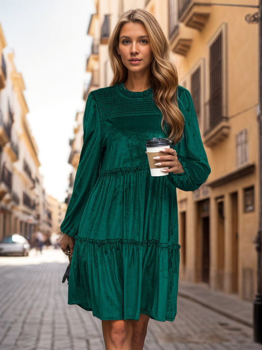 Velvet Dress Dark Green Buttons Daily Casual Long Sleeves Jewel Neck Spring Knee Length Midi Dress