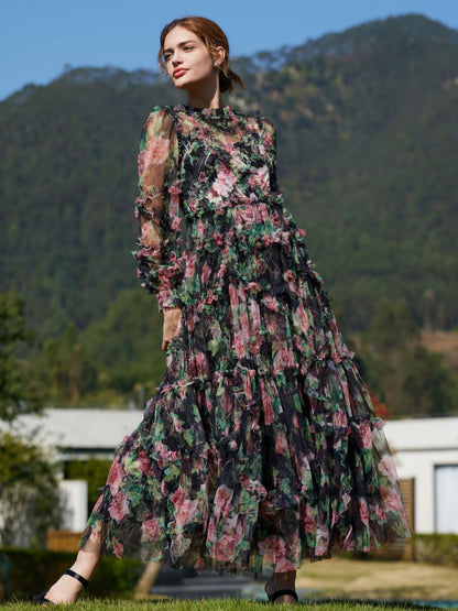 Floral Dress Illusion Neck And Sleeves High Collar Teried Party Maxi Dresses