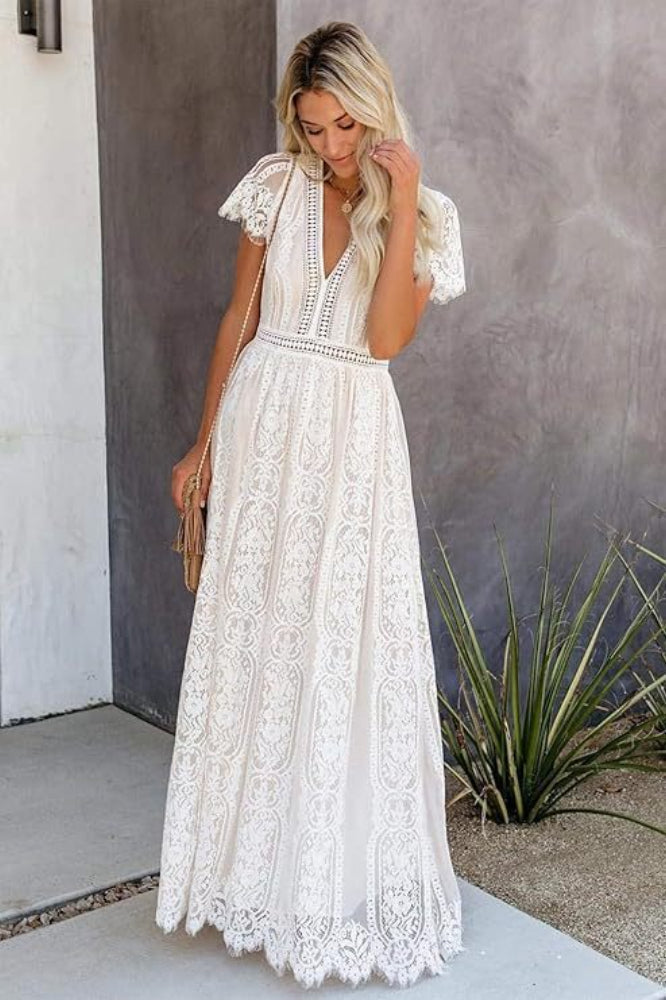 V-Neck Flutter Sleeve Ladder-Trim Lace Boho Maxi Dress