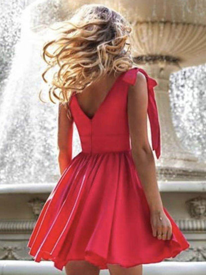 Skater Dresses Polyester Straps Neck Lace Up Red Sexy Sleeveless Flared Dress Mini Dresses