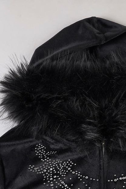 Gothic Rhinestone Fur Paneled Slim Hoodie