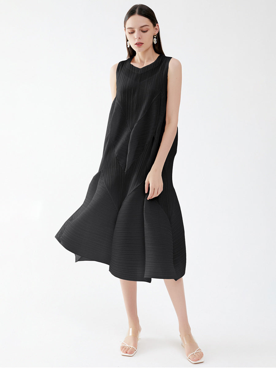 Summer Dress Sleeveless Patchwork Designed Neckline Midi Dress