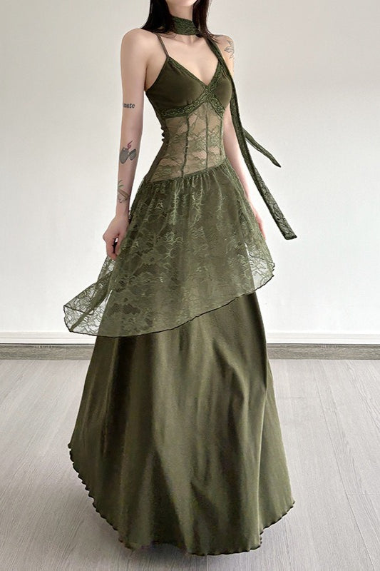 Lace Trim Sheer Waist Tie Cami Maxi Lace Dress