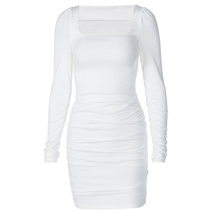 Popular Square Collar Pleated Brushed Long Sleeve Slim Dress