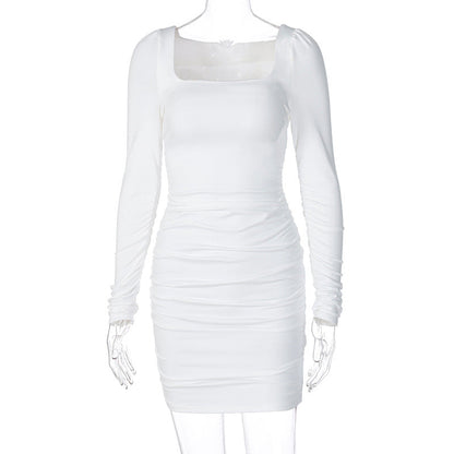 Popular Square Collar Pleated Brushed Long Sleeve Slim Dress