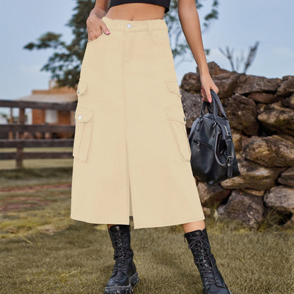 Women Clothing Sexy Elastic Waist Denim Cargo Pants Casual Midi Dress Skirt