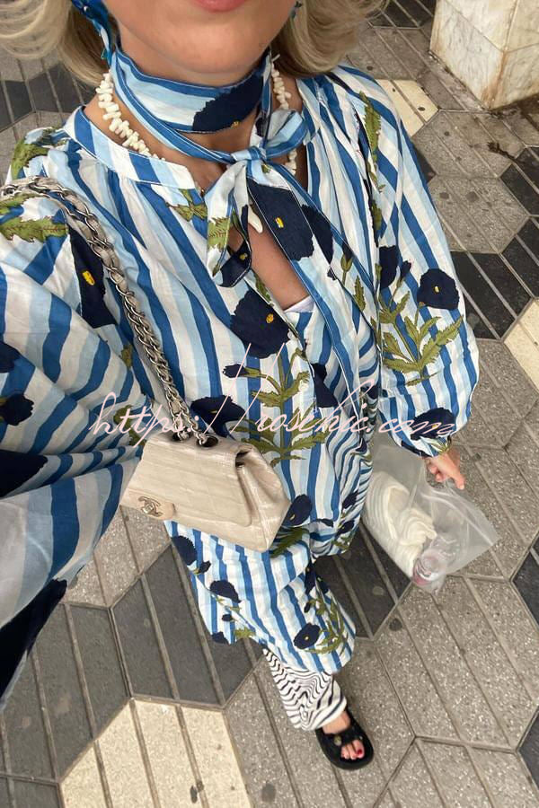 Lara Linen Blend Floral Stripe Print Button Up Belt Pocketed Kaftan Midi Dress