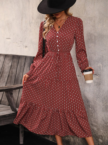 Printed Tiered Midi Dress V-Neck Buttoned Relaxed Vintage Dresses