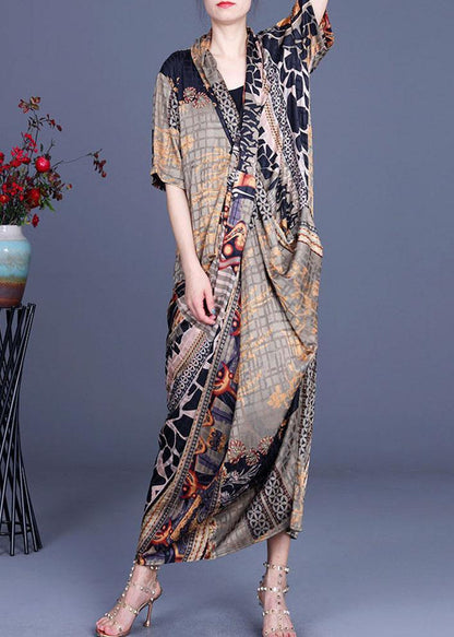Boutique Khaki Print Overlapping asymmetrical design Silk Summer Maxi Dress