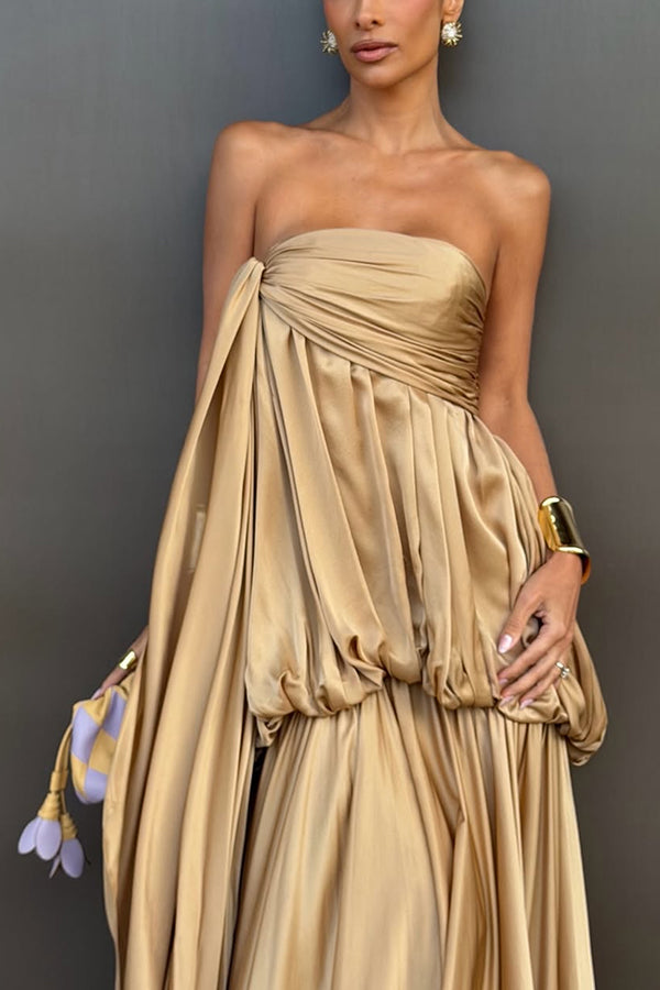Flowing Fantasy Satin Pleated Bubble Design Strapless Drape Maxi Dress