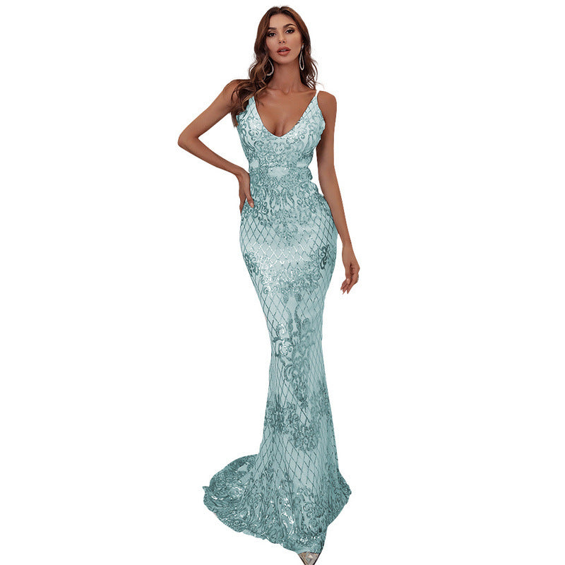 Sequined Geometric Abstract Pattern Strap Dress for Formal Gown Prom