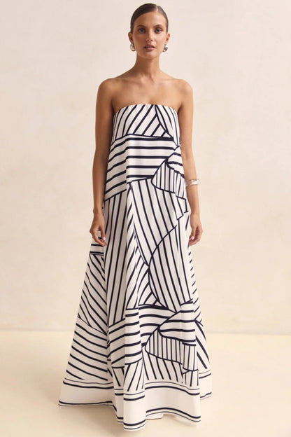 Strapless Tube Contrast Band A-Line Maxi Dress