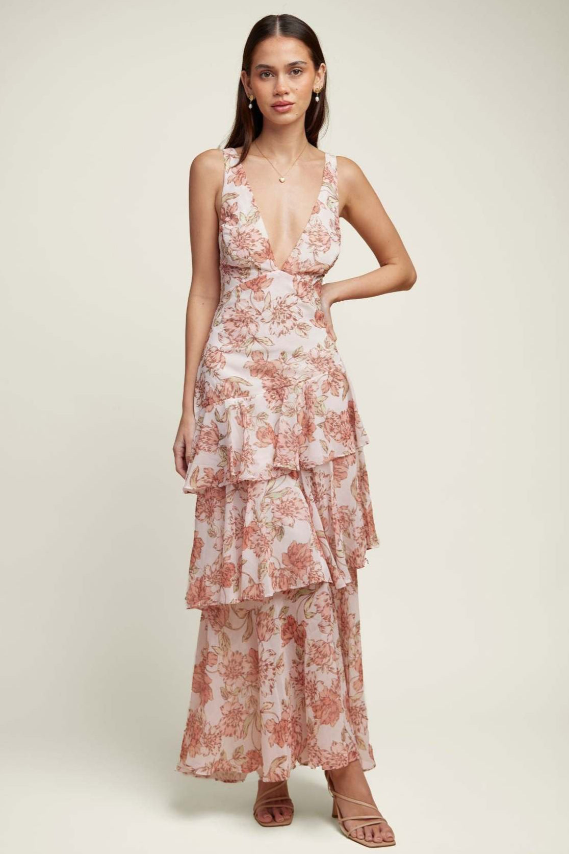 Deep V Neck Sleeveless Tiered Ruffle Floral Maxi Dress