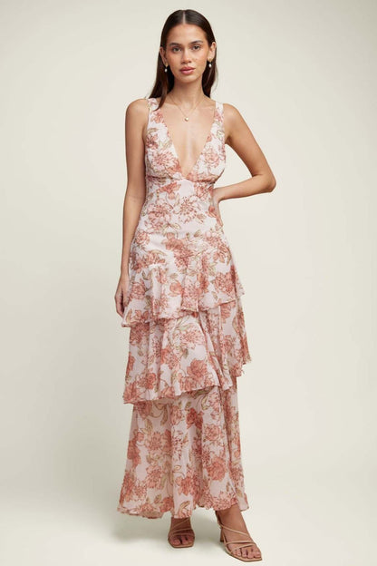 Deep V Neck Sleeveless Tiered Ruffle Floral Maxi Dress