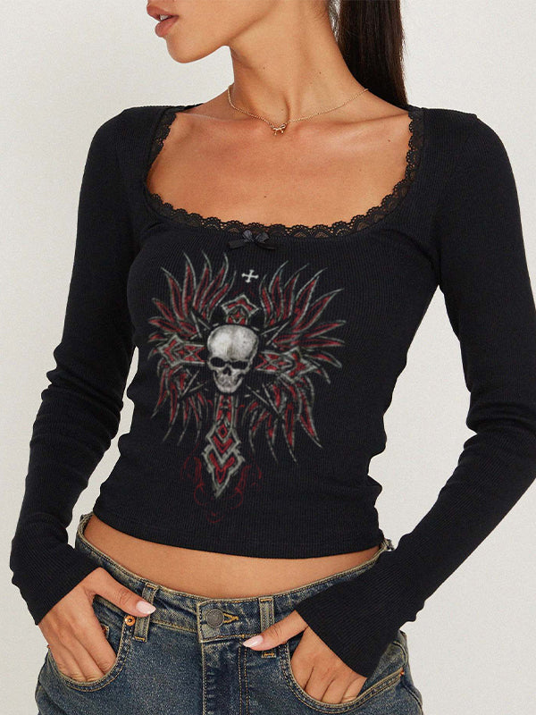 Skull Cross Print Lace Trim Long Sleeve Knit
