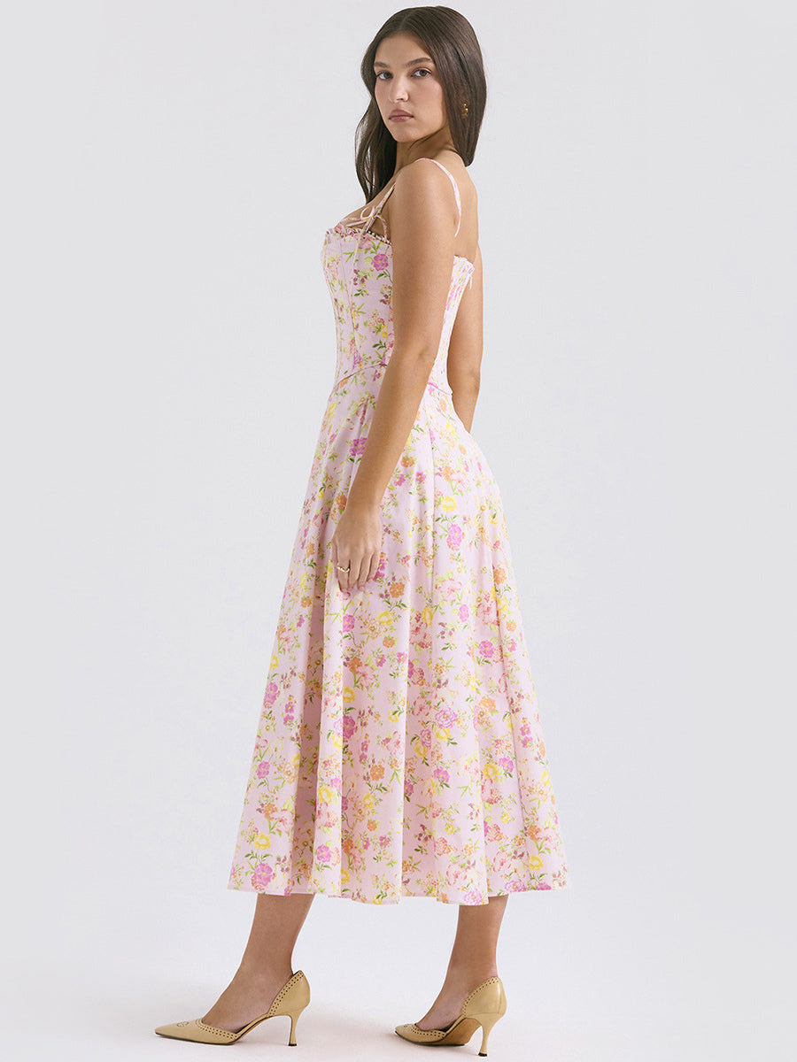 Floral Dress Midi Dress Floral Print Sleeveless Straps Neck Chic Adjustable Straps Lace Up Long Fall