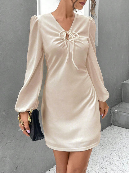 A-Line High Waisted Drawstring Elasticity Solid Color Split-Joint Zipper V-Neck Mini Dresses