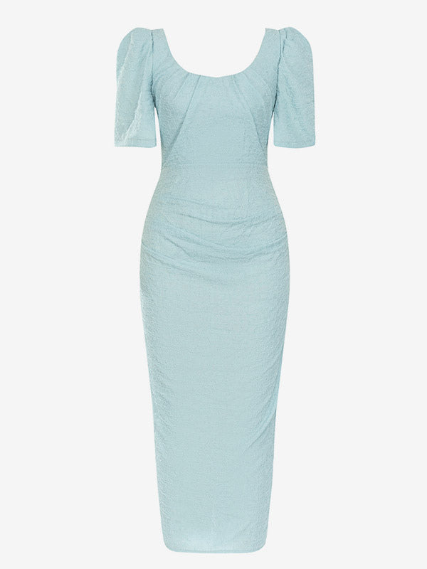 Baby Blue Party Dresses Puff Sleeves Backless Party Prom Midi Dress
