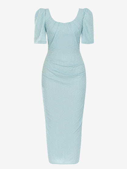 Baby Blue Party Dresses Puff Sleeves Backless Party Prom Midi Dress