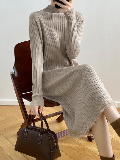 Long Sleeves Loose Fringed Solid Color Mock Neck Midi Dresses Sweater Dresses