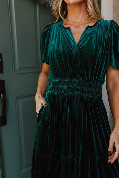 Velvet Tiered Smocked Waist Flutter Sleeve V-Neck Maxi Dress