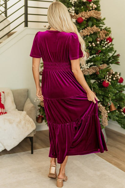 Velvet Tiered Smocked Waist Flutter Sleeve V-Neck Maxi Dress