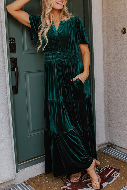 Velvet Tiered Smocked Waist Flutter Sleeve V-Neck Maxi Dress
