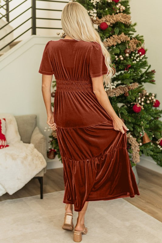 Velvet Tiered Smocked Waist Flutter Sleeve V-Neck Maxi Dress