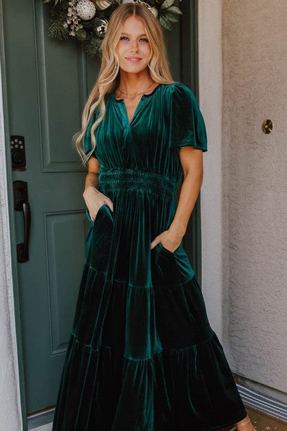 Velvet Tiered Smocked Waist Flutter Sleeve V-Neck Maxi Dress
