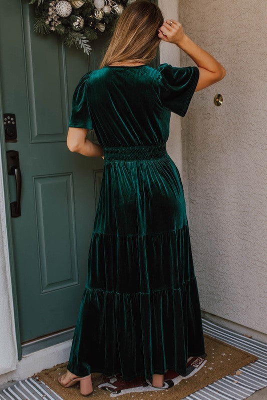 Velvet Tiered Smocked Waist Flutter Sleeve V-Neck Maxi Dress