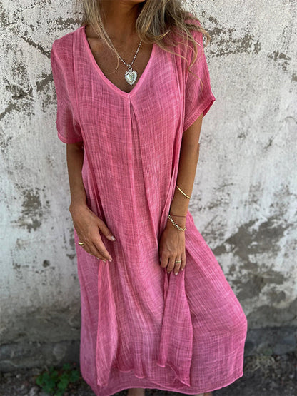 Crinkled Gauze V-Neck Short Sleeve Oversized Relaxed Maxi Dress