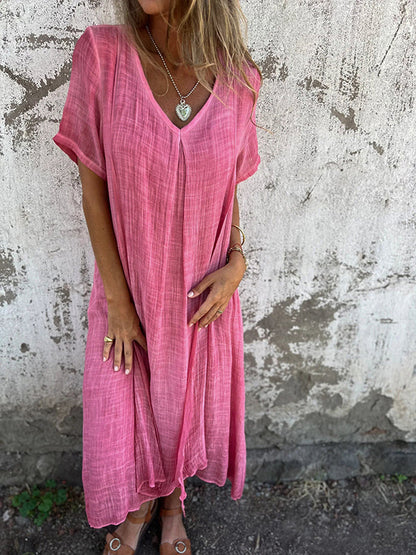Deep V-Neck Short Sleeve Crinkle Gauze Flowy Midi Maxi Dress