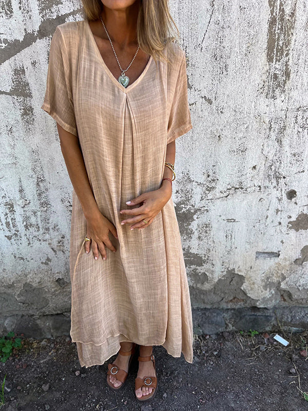 Crinkled Gauze V-Neck Short Sleeve Oversized Relaxed Maxi Dress