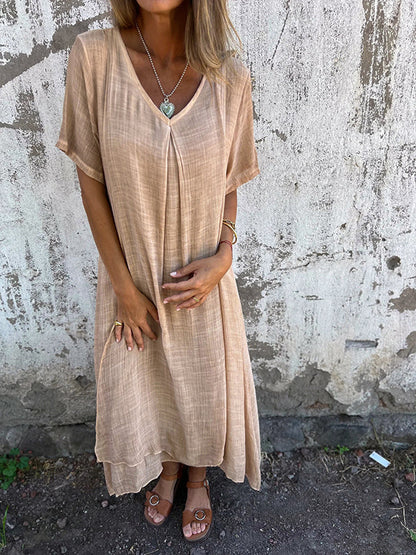 Crinkled Gauze V-Neck Short Sleeve Oversized Relaxed Maxi Dress