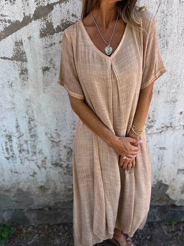 Deep V-Neck Short Sleeve Crinkle Gauze Flowy Midi Maxi Dress