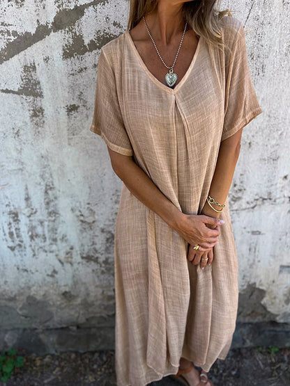 Deep V-Neck Short Sleeve Crinkle Gauze Flowy Midi Maxi Dress