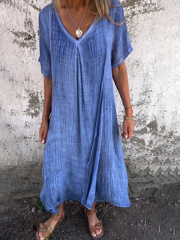 Crinkled Gauze V-Neck Short Sleeve Oversized Relaxed Maxi Dress