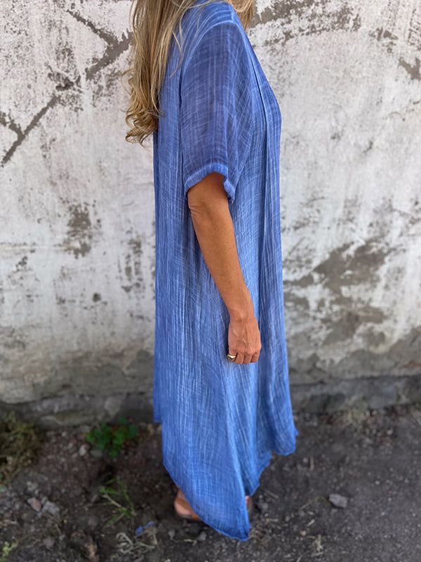 Deep V-Neck Short Sleeve Crinkle Gauze Flowy Midi Maxi Dress