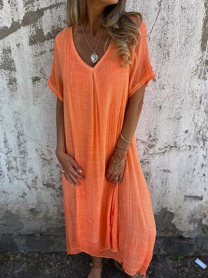 Crinkled Gauze V-Neck Short Sleeve Oversized Relaxed Maxi Dress