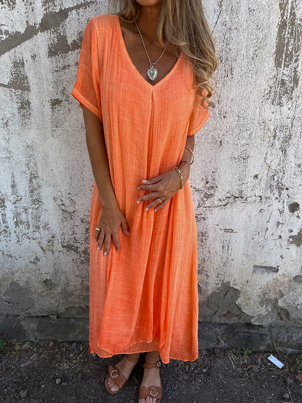 Crinkled Gauze V-Neck Short Sleeve Oversized Relaxed Maxi Dress