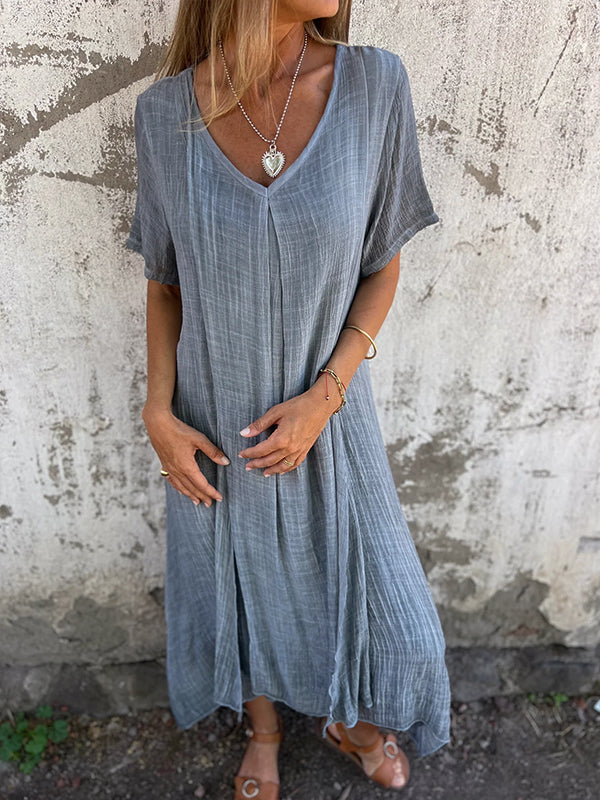 Deep V-Neck Short Sleeve Crinkle Gauze Flowy Midi Maxi Dress