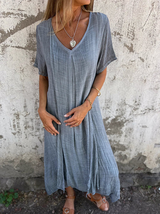 Deep V-Neck Short Sleeve Crinkle Gauze Flowy Midi Maxi Dress