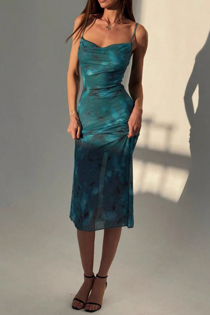 Cowl Neck Spaghetti Strap Abstract Mesh Print Bodycon Midi Dress