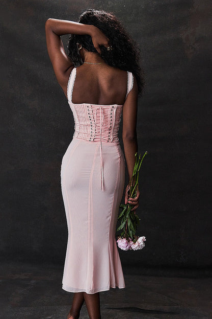 Sweetheart Ruched Corset Bodice Lace Panel Tie Front Flared Midi Dress