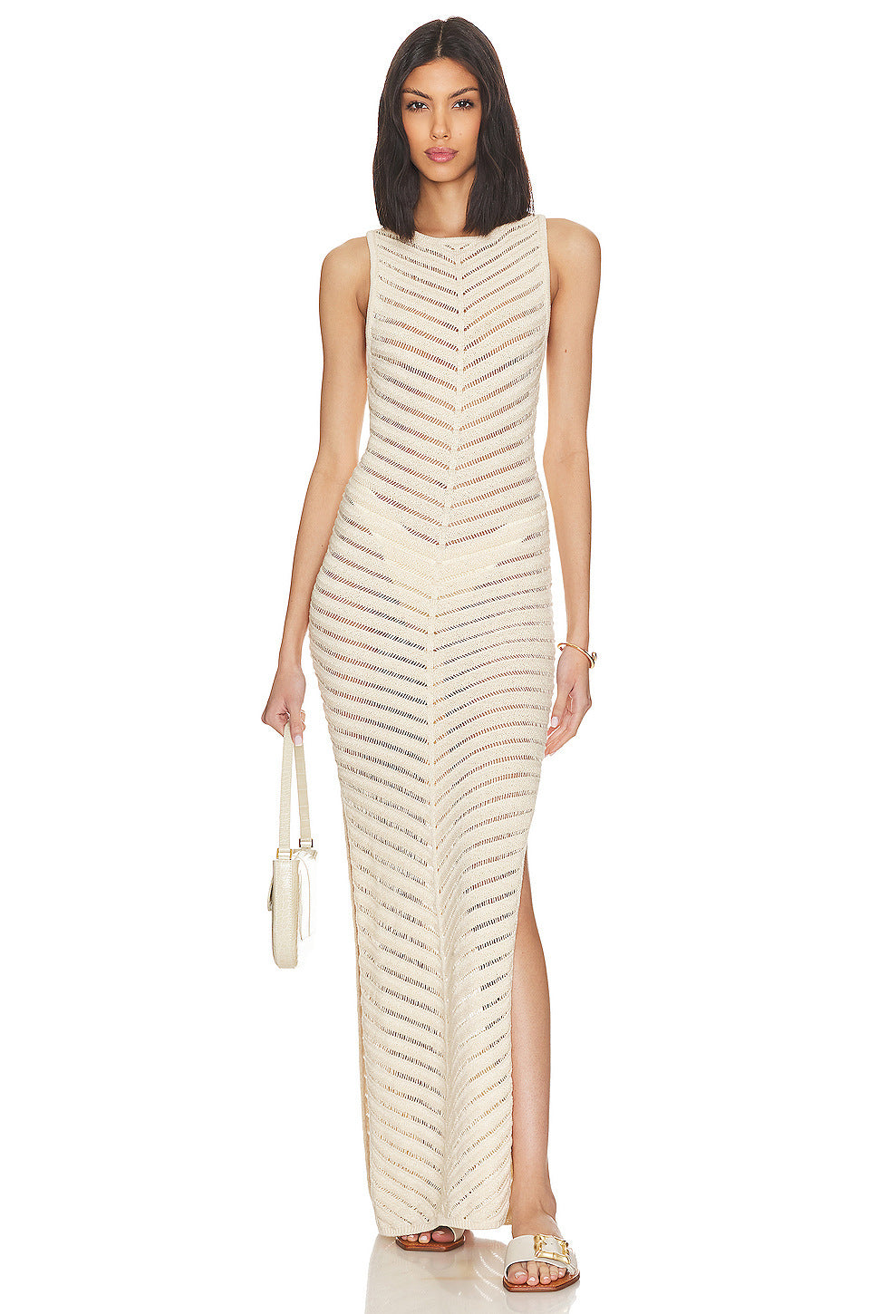 Solid Knit Sleeve Split Midi Dress